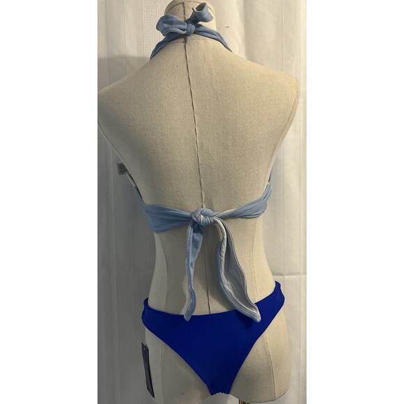 Sexy Bikini Set Light Blue Halter V-Neck Top Size L & Dark Blue Thong Bottom M - Picture 8 of 13